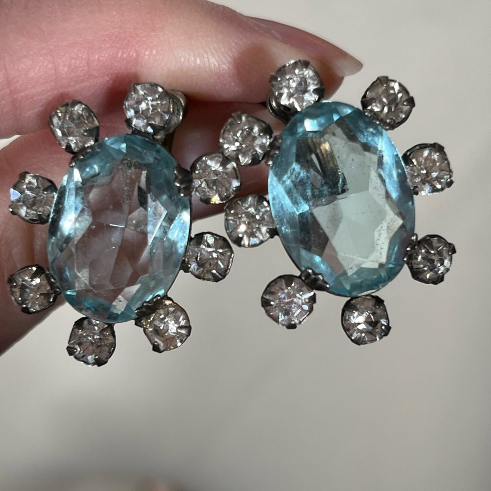 Antique Art deco Sterling Silver oversized pale blue quartz Screw back earrings - Picture 7 of 15